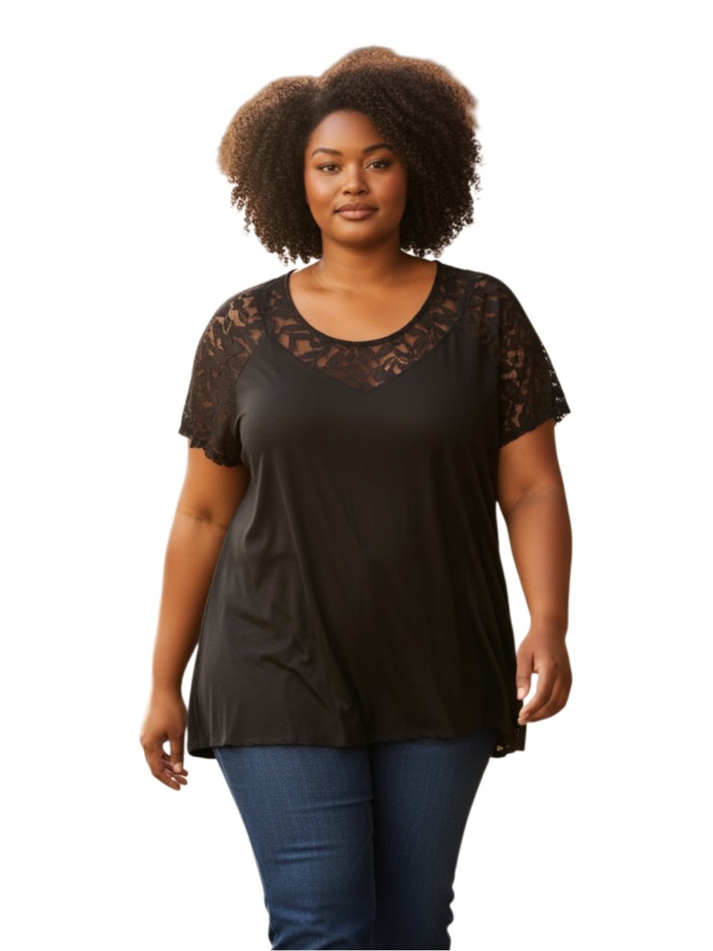 Lane Bryant Black Lace Yoke Short Sleeve Tunic